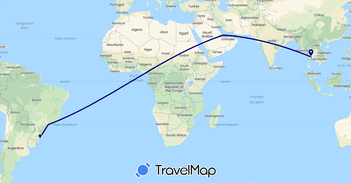 TravelMap itinerary: driving in Brazil, Qatar, Thailand (Asia, South America)